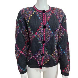 Vintage Thyme Knit Ramie Cardigan Sweater Size‎ S Woven Velvet Ribbon Holiday